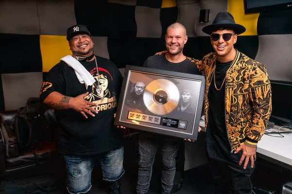 Director Shaun David Barker with Timmy Trumpet and Savage in Sydney, celebrating their multi-platinum record 'Freaks'.
