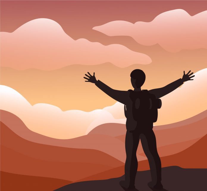 Vector of man climbed the mountain, watching the view