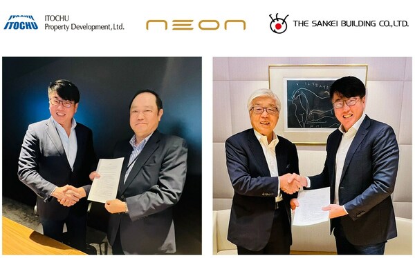 Photo on left: Mr. Ron Tan, Executive Chairman & Group CEO, NEON (left), Mr. Norio Matsu, President of Itochu Property Development, Ltd. (right) Photo on right: Mr. Kazunobu Iijima, President & CEO of Sankei Building Co., Ltd. (left), Mr. Ron Tan, Executive Chairman & Group CEO, NEON (right)