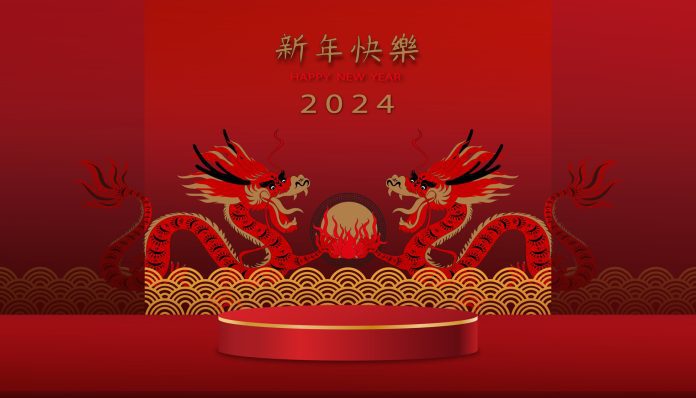 happy-chinese-new-year-2024-banner-greeting-card-zodiac-sign-with-gold-dragon-in-paper-cut-on-red-studio-background-with-podium-display-chinese-translation-happy-new-year-year-of-the-dragon-vector