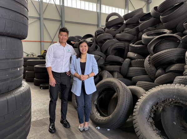 Thomas Lim, Chief Executive Officer of Global Enviro Technology (left), and Ong Bi Ying, Chief Operating Officer of Allianz Insurance Singapore (right), at the facility where scrap tyres are given a new lease on life through the Recycle My Tyres programme.