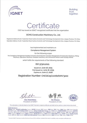 XCMG Machinery Achieves Dual ISO 37301 and GB/T 35770 Compliance Certifications, Reinforcing Global Governance Leadership