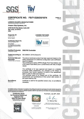 Arasan MIPI DSI-2 Rx IP ISO26262 ASIL-B Certification Arasan MIPI DSI-2 Rx IP ISO26262 ASIL-B Certification