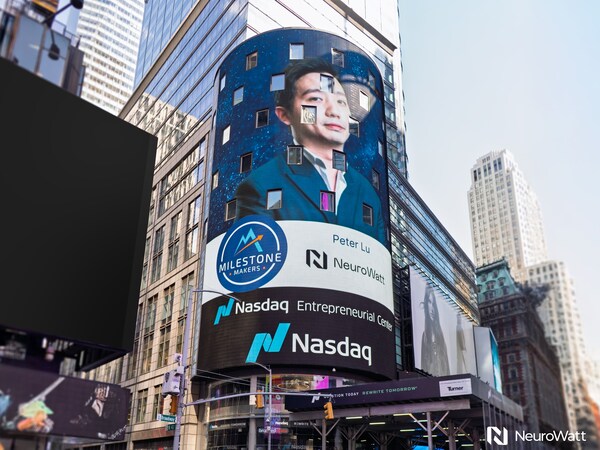NeuroWatt featured on the Nasdaq MarketSite Tower in Times Square, making a bold statement at the heart of global finance.
