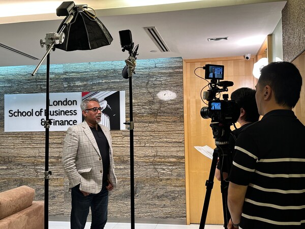 CEO, LSBF Global, Rathakrishnan Govind speaks on-camera during the WSG-Ingeus national campaign video shoot, held at the London School of Business and Finance (LSBF) Singapore campus. The filming spotlights LSBF’s role as a Prime Employer Partner, championing local talent, career comebacks, and inclusive hiring.