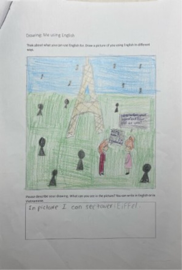 Chatting in English and hanging out in Paris is what this young student from Vietnam drew.