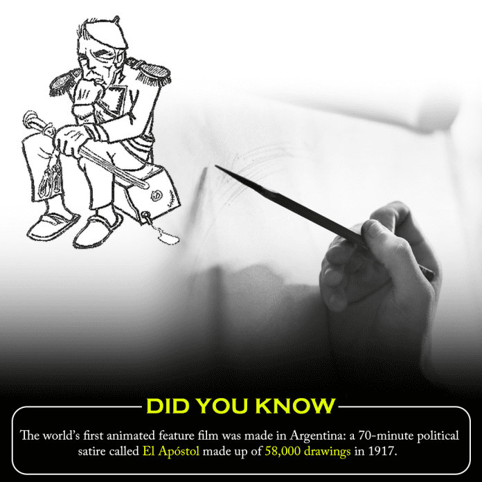 The world’s first animated feature film was made in Argentina: a 70-minute political satire called El Apóstol made up of 58,000 drawings in 1917.