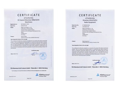 CE-MD Certificate (EU Machinery Directive) & CE-RED Certificate (EU Radio Equipment Directive) (PRNewsfoto/AiMOGA Robotics)