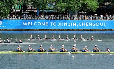 Athletes compete in the 2025 Chengdu Open Rowing Regatta on the Nanhe River in Xinjin district of Chengdu, Sichuan province, on Oct 2.