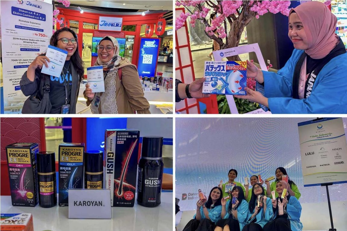 <br />“><figcaption></figcaption></figure>
<p>Booth JAPANKURU dioperasikan dengan dukungan <b>Daiichi Sankyo Healthcare</b> dan <b>Hankyu Hanshin Holdings</b>, menampilkan berbagai konten interaktif yang menggambarkan konsep “Healthy & Beautiful Life from Japan.”</p>
<p>Di area booth, pengunjung dapat langsung <b>memesan dan membeli paket wisata ke Jepang,</b> terutama produk perjalanan dari kawasan Kansai, melalui konter penjualan di tempat.</p>
<p>Konsep booth yang interaktif ini memberikan kesempatan bagi pengunjung untuk <b>merasakan pengalaman perjalanan ke Jepang secara langsung</b>, dan menjadi salah satu sorotan utama festival.</p>
<p>Produk-produk unggulan dari <b>Daiichi Sankyo Healthcare</b> seperti <i>MINON Amino Moist, TRANSINO, KAROYAN, PATECS</i>, dan <i>Clean Dental</i> dipamerkan secara lengkap di area utama.</p>
<p>Melalui pameran ini, pengunjung dapat <b>merasakan langsung kualitas dan keandalan produk Jepang</b> di berbagai kategori mulai dari <b>perawatan kulit (skincare), perawatan rambut (haircare), perawatan mulut (oral care)</b>, hingga <b>produk kesehatan medis (medical care).</b></p>
<figure> <img decoding=