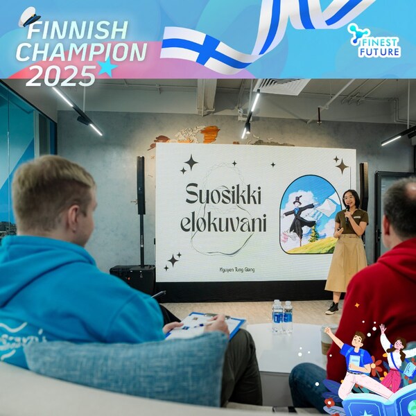 A contestant presents during the Finnish Champion 2025 competition