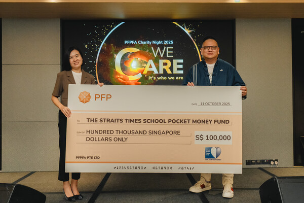 Cheque presentation of a $100,000 donation from PFPFA to The Straits Times School Pocket Money Fund at the Annual Charity Night 2025, held on 11 October at Pan Pacific Singapore.