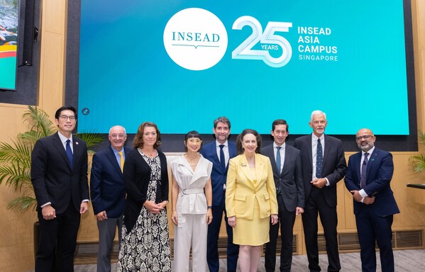 Speakers and guests during the INSEAD Asia Campus 25th Anniversary Celebration on Friday, 31 October. From left: Jermaine Loy, Managing Director, Economic Development Board (EDB) of Singapore; Arnoud De Meyer, Vice-Chair of INSEAD Board, First Dean of INSEAD Asia Campus and Professor Emeritus at Singapore Management University; Kristin Skogen Lund, Chair, INSEAD Board of Directors; Stephanie Lin, Assistant Professor of Marketing at INSEAD; His Excellency Mr Stephen Marchisio, French Ambassador to the Republic of Singapore; Tuulikki Janssen, Honorary Member of the INSEAD Advisory Council; Francisco Veloso, Dean of INSEAD; Hellmut Schütte, Professor Emeritus of International Management at INSEAD; and Sameer Hasija, Dean of Executive Education and Dean of the Asia Campus at INSEAD.
