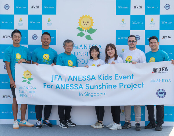 JFA | ANESSA Kids Event for ANESSA Sunshine Project in Singapore - inspiring children to shine infinitely under the sun in partnership with Football Association of Singapore and Albirex Niigata Singapore. Present from left to right are: Mr. Daisuke Korenaga, Chairman, Albirex Niigata Singapore, Mr. Hassan Sunny, celebrated Singaporean goalkeeper, Mr. Masao Nakayama, Grassroots Director, Japan Football Association, Ms. Kana Kadotani, Vice President of the ANESSA Global Brand Unit, Ms. Jessica Fun, Managing Director of Shiseido Singapore, Mr. Nicolas Baudonnet, Chief Marketing & Business Development Officer, Cosmetic & Fragrance and Mr. Badri Ghent, General Secretary, Football Association of Singapore.
