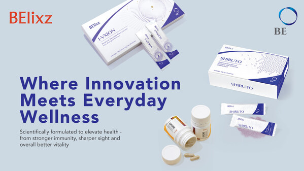 BElixz products including SHIRUTO, I-VXION, and LIVCORE displayed in a promotional image highlighting innovation and everyday wellness