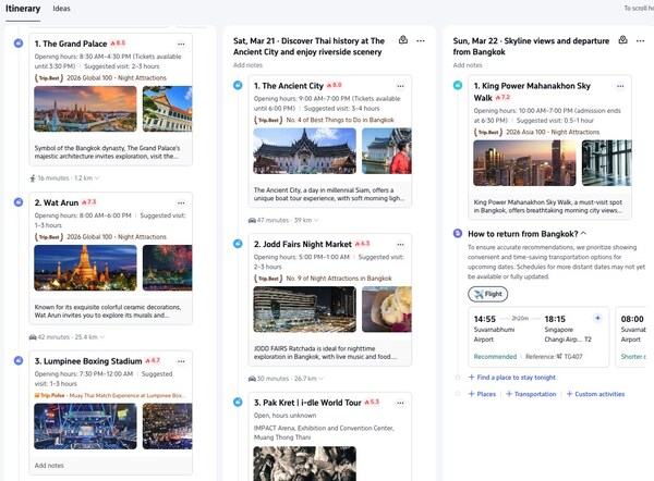 A sample Trip.Planner itinerary of a three-day trip to Bangkok with friends. A sample Trip.Planner itinerary of a three-day trip to Bangkok with friends.