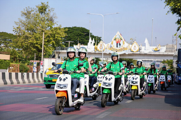A fleet of LUYUAN electric scooters, ridden by Chinese and Thai youth, took to the streets of Bangkok