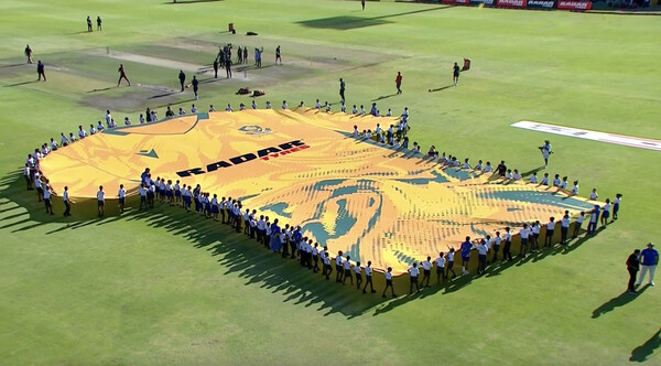 Photo Credit @ SuperSport TV. 100 foot Jersey reveal at Boland Park Cricket Stadium in Paarl, South Africa Photo Credit @ SuperSport TV. 100 foot Jersey reveal at Boland Park Cricket Stadium in Paarl, South Africa