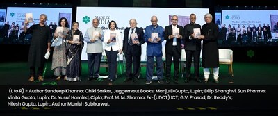 (L to R) - Author Sundeep Khanna; Chiki Sarkar, Juggernaut Books;Manju D Gupta, Lupin;Dilip Shanghvi, Sun Pharma; Vinita Gupta, Lupin; Dr. Yusuf Hamied, Cipla; Prof. M. M. Sharma, Ex-(UDCT) ICT; G.V. Prasad, Dr. Reddy’s;Nilesh Gupta, Lupin; Author Manish Sabharwal.