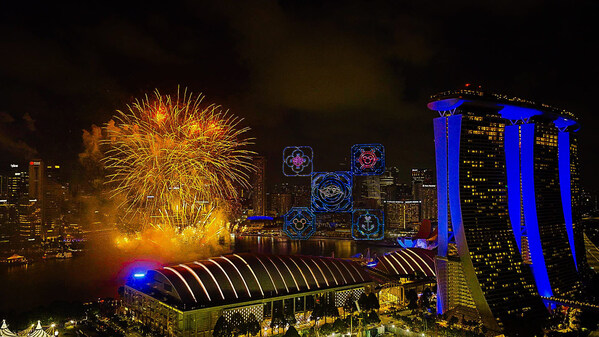 Fireworks and drones lit up the night sky against the iconic Marina Bay Sands, as part of the Marina Bay sky show this weekend Fireworks and drones lit up the night sky against the iconic Marina Bay Sands, as part of the Marina Bay sky show this weekend