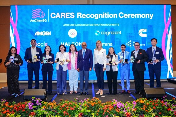 (Two images) Minister K Shanmugam is joined by AmChamSG Chair Elisa Mallis; AmChamSG CEO Dr. Hsien-Hsien Lei; and recipients of the AmCham CARES High Distinction Awards. Refer to full list below.