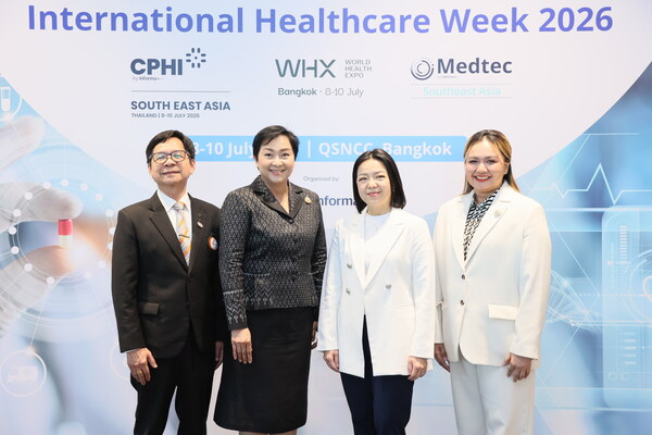 Key industry leaders joined the press conference for WHX Bangkok and Medtec Southeast Asia 2026 (from left to right): Mr. Chanin Khaochan, President, Thai Subcontracting Promotion Association; Dr. Kanyarat Kuisuwan, Director, Office of Integrated Medical Industry Promotion, Department of Health Service Support, Ministry of Public Health; Dr. Jaruwan Suwannasat, Senior Vice President, Thailand Convention and Exhibition Bureau (Public Organization); and Ms. Rungphech Chitanuwat, Regional Portfolio Director – ASEAN, Informa Markets.