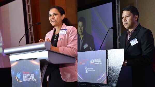 (Left) Aarthi Narasimhan, Deputy Director, Business Applications & Group Head of CRM Platform, and (right) Roldan Aquino, Director of IT (SEA), Kaplan Higher Education Academy, on stage at the Singapore Business Review Technology Excellence Awards 2026 and International Business Awards 2026. Photo credit: Singapore Business Review