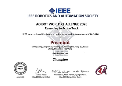 Certificate recognizing the vivo Robotics Team’s championship in the ICRA 2026 Reasoning to Action Track Certificate recognizing the vivo Robotics Team’s championship in the ICRA 2026 Reasoning to Action Track