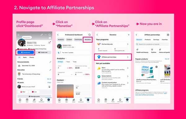 2. Navigate to Affiliate Partnerships via the Monetisation tab 2. Navigate to Affiliate Partnerships via the Monetisation tab