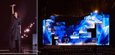 Karen Mok performs at the Golden Melody Awards (left); The ceremony stage (right) / Photo: TTV (PRNewsfoto/Golden Melody Awards)