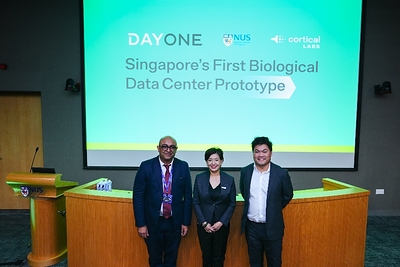 Photo: from left to right includes Professor Rickie Patani (Professor of Neuroscience, NUS Medicine, Director, NUS LSI Neurobiology Programme, Chair, Neuroscience Translational Research Programme, NUS Medicine); Jamie Khoo (CEO, DayOne Data Centers); and Dr. Hon Weng Chong (Founder & CEO, Cortical Labs).