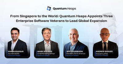 From left: Harsh Panwar, Founder & CEO; Mark Stevens, Chief Marketing Officer; Jeff Cosseboom, President, North America; and Andrew Garner, President, EMEA. Singapore-headquartered Quantum Heaps has appointed three enterprise software veterans to its leadership team to drive expansion across North America and EMEA. From left: Harsh Panwar, Founder & CEO; Mark Stevens, Chief Marketing Officer; Jeff Cosseboom, President, North America; and Andrew Garner, President, EMEA. Singapore-headquartered Quantum Heaps has appointed three enterprise software veterans to its leadership team to drive expansion across North America and EMEA.