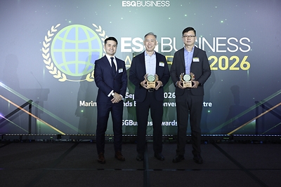 From left to right: Lee Bing Yi, Partner, Sustainability, Climate Change, Financial Services Assurance at PwC Singapore, presents the Circular Economy and Waste Management Awards to FUJIFILM Business Innovation Singapore representatives Tee Hsien Wee, Chief Executive Officer, and Peter Wong, Chief Financial Officer, at the ESGBusiness Awards 2026, held at Marina Bay Sands Expo & Convention Centre. From left to right: Lee Bing Yi, Partner, Sustainability, Climate Change, Financial Services Assurance at PwC Singapore, presents the Circular Economy and Waste Management Awards to FUJIFILM Business Innovation Singapore representatives Tee Hsien Wee, Chief Executive Officer, and Peter Wong, Chief Financial Officer, at the ESGBusiness Awards 2026, held at Marina Bay Sands Expo & Convention Centre.