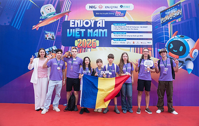 Romanian student teams from WhalesBot partner Atelierele Tamarei celebrate their results at the ENJOY AI 2026 Asian Open in Hanoi, Vietnam. Romanian student teams from WhalesBot partner Atelierele Tamarei celebrate their results at the ENJOY AI 2026 Asian Open in Hanoi, Vietnam.