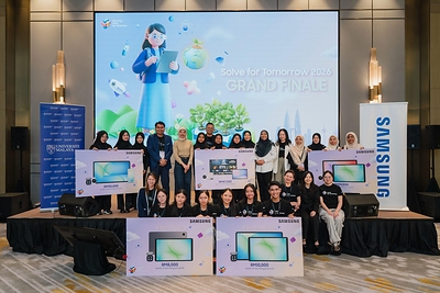 The five finalist teams of Solve for Tomorrow 2026, (from top left) Team iSafePath, Team InnovateZ, Team Replast, Team Primates and (from bottom left) Team EcoTerraNitro, at the Grand Finale with their product prizes. The five finalist teams of Solve for Tomorrow 2026, (from top left) Team iSafePath, Team InnovateZ, Team Replast, Team Primates and (from bottom left) Team EcoTerraNitro, at the Grand Finale with their product prizes.