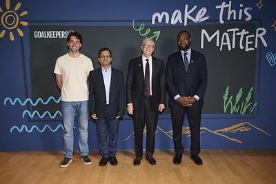 Caption: (L to R) Martin Blomberg, Founder and CEO, Root Bio, Prof. Ganesh Ramakrishnan, Founding Director, Bharatgen, Bill Gates, Chair, Gates Foundation, and Hon. Dr. Bosun Tijani, Minister of Communications, Innovation and Digital Economy of the Federal Republic of Nigeria at Goalkeepers New York. Photo courtesy of the Gates Foundation. Caption: (L to R) Martin Blomberg, Founder and CEO, Root Bio, Prof. Ganesh Ramakrishnan, Founding Director, Bharatgen, Bill Gates, Chair, Gates Foundation, and Hon. Dr. Bosun Tijani, Minister of Communications, Innovation and Digital Economy of the Federal Republic of Nigeria at Goalkeepers New York. Photo courtesy of the Gates Foundation.